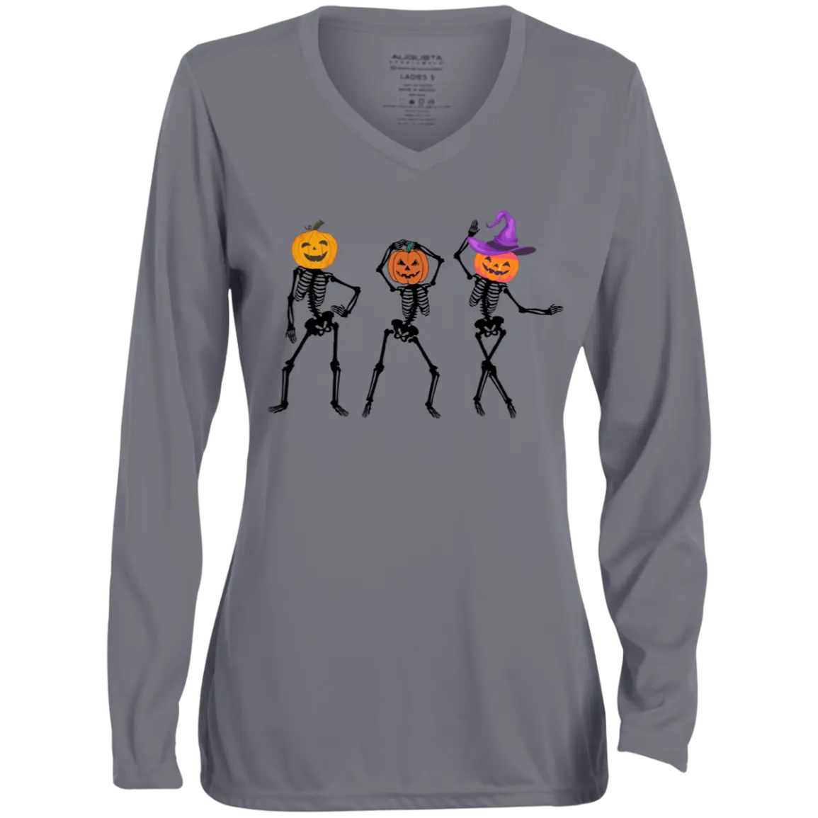 "Dancing Skeletons" Ladies' Moisture-Wicking Long Sleeve V-Neck Tee 