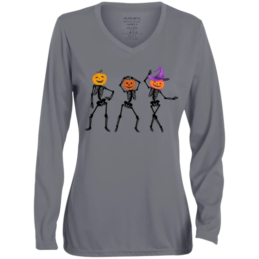 "Dancing Skeletons" Ladies' Moisture-Wicking Long Sleeve V-Neck Tee 