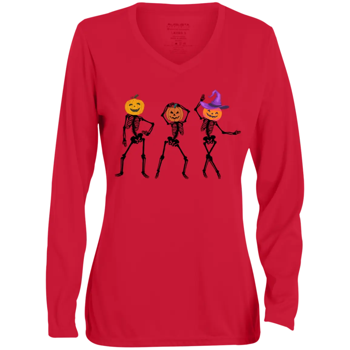 "Dancing Skeletons" Ladies' Moisture-Wicking Long Sleeve V-Neck Tee 