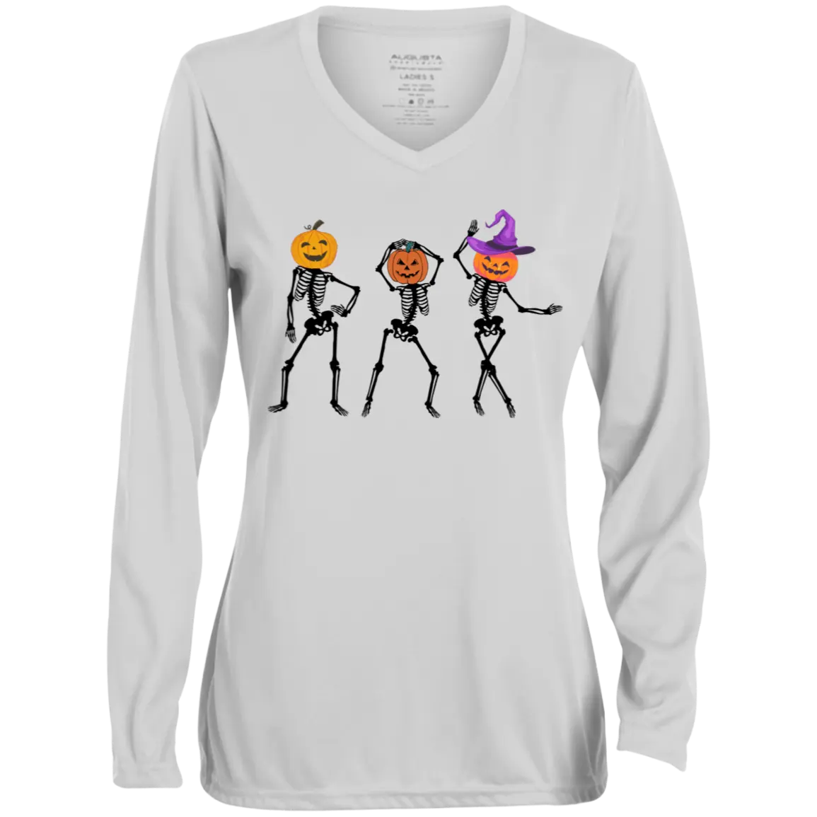 "Dancing Skeletons" Ladies' Moisture-Wicking Long Sleeve V-Neck Tee 