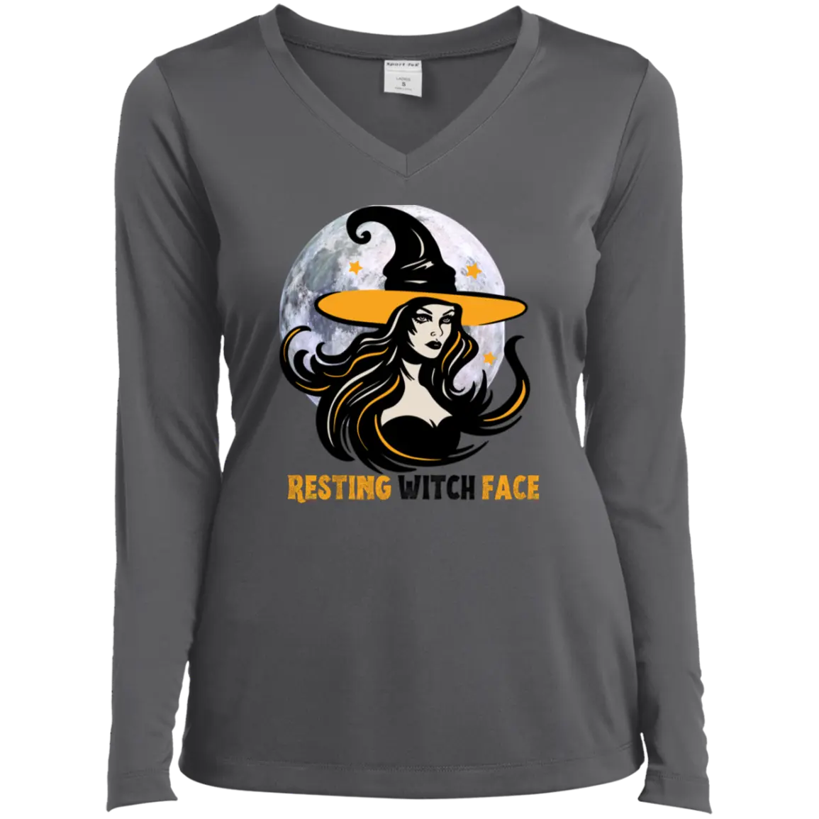 " RESTING WITCH FACE" Ladies’ Long Sleeve Performance V-Neck Tee