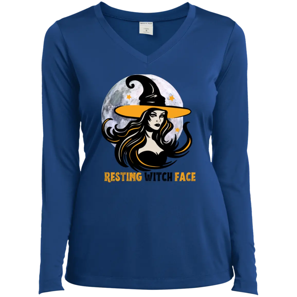 " RESTING WITCH FACE" Ladies’ Long Sleeve Performance V-Neck Tee 