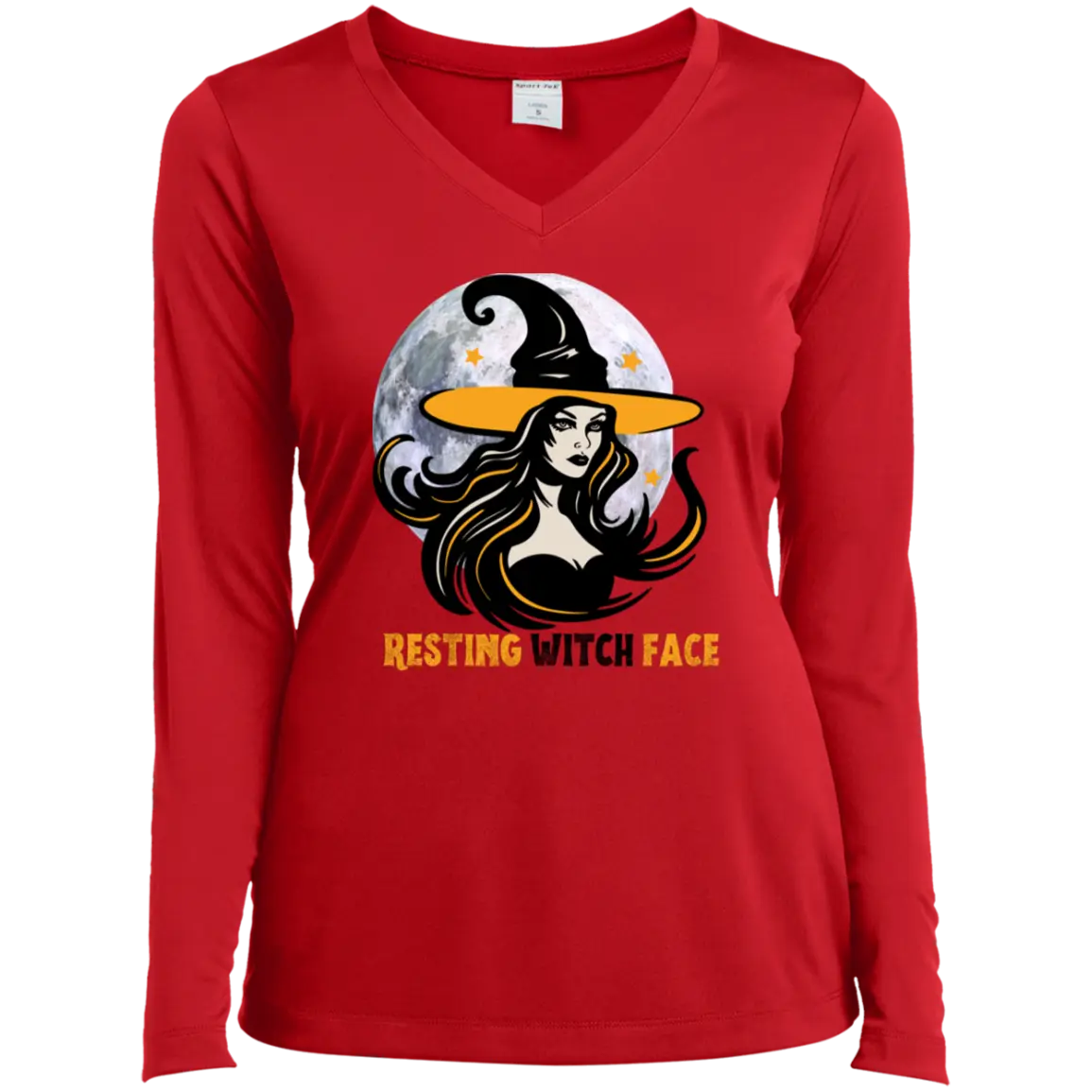 " RESTING WITCH FACE" Ladies’ Long Sleeve Performance V-Neck Tee 