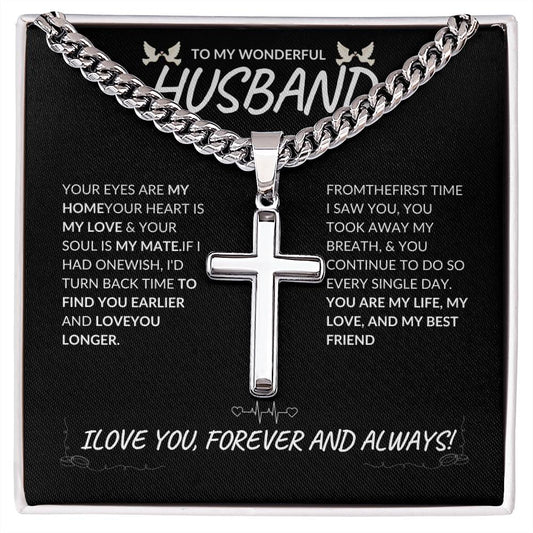 HUSBAND "ARTISAN CROSS NECKLACE ON CUBAN CHAIN LINK"