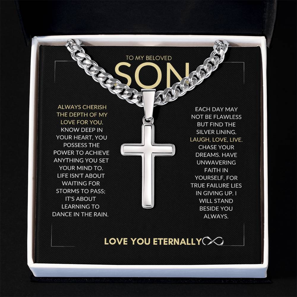 SON "ARTISAN CROSS NECKLACE on CUBAN CHAIN " MOM/DAD