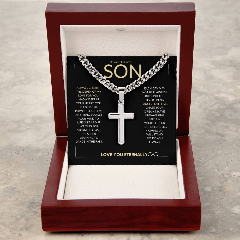 SON "ARTISAN CROSS NECKLACE on CUBAN CHAIN " MOM/DAD